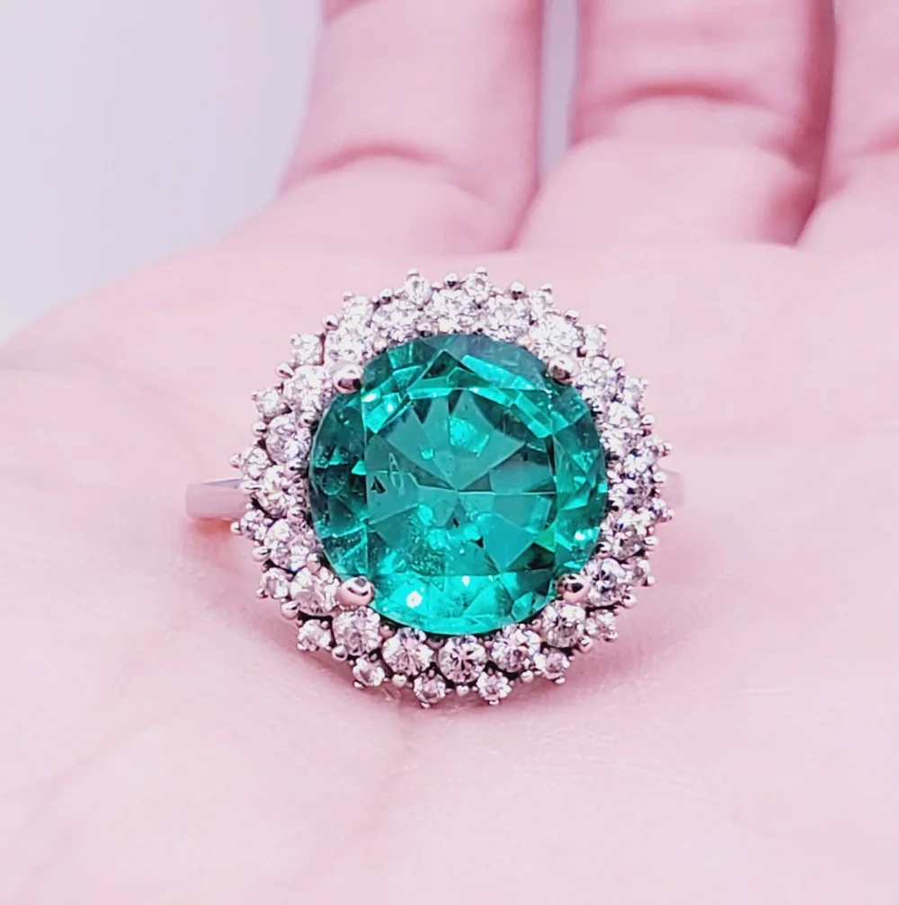 Emerald Green Quartz & White Zircon Sunburst Halo Ring Platinum Over Silver